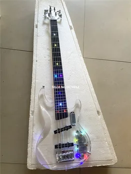 Aukštos kokybės užsakymą versija 5 string akrilo kristalų skaidraus organinio stiklo elektrinė bosinė gitara LED spalva mirksi, nemokamai shippi