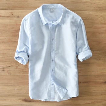 Aukščiausios kokybės 2019 Naujas Mados vyriški ilgomis rankovėmis lino marškinėliai atsitiktinis atvartas mens vientisos spalvos medvilniniai marškinėliai Vyrai slim viršūnės S-3XL