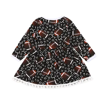 Baby girl Rudenį Amerikos Futbolo spausdinti ilgomis rankovėmis suknelė vaikų boutique komplektai su pompom