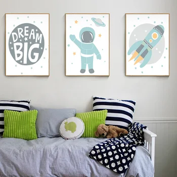 Baby Vaikų Darželio Sienos Meno Tapybos Drobės Astronautas Kosmoso Raketų Spausdinti Dream Big Skandinavijos Plakatas Šiaurės Berniukų Miegamasis Apdaila