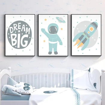 Baby Vaikų Darželio Sienos Meno Tapybos Drobės Astronautas Kosmoso Raketų Spausdinti Dream Big Skandinavijos Plakatas Šiaurės Berniukų Miegamasis Apdaila
