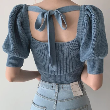 Backless Nėrinių Megzti T Marškinėliai Moteriška Korėjos Prašmatnus Aikštėje Apykaklės Sluoksniuotos Rankovėmis Moterims Pasėlių Viršuje Vasaros 2020 Atsitiktinis Slim Tees