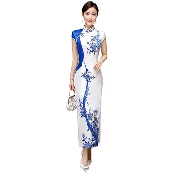 Balta Vintage Stiliaus Kinijos Spausdinti Gėlių Qipao Ilgai, Rankų darbo Mygtuką Cheongsam Suknelė Moterų Mandarinų Apykaklės Tradicinių Suknelė