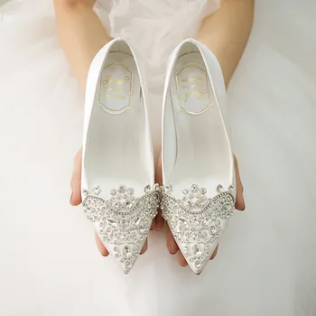 Balti aukštakulniai smailianosiai bauda obcasie crystal satin mažo dydžio moteriški bateliai, suknelė, pokylių batai pamergės vestuvinė suknelė, bateliai