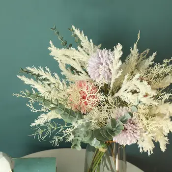 Baltos Spalvos Dirbtinės Gėlės Aukštos Kokybės Šilko Kiaulpienių Plastiko Eukalipto Hibridas Puokštė Vestuvių Namų Puošybai Netikrą Gėlių Dovanų