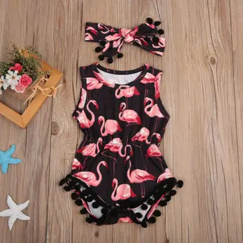 Bamblys Baby Girl Rankovių Bodysuit Hairband 2vnt Jumpsuit vientisas Kutai Komplektus Flamingo Sunsuits Bowknot galvos Apdangalai 0-24M