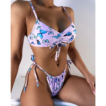 Bandeau push up maudymosi kostiumėlį 2021 Drugelis spausdinti bikini rinkinys Sexy string mažas juosmens maudymosi kostiumėliai moterims, Brazilijos maudymosi kostiumas, Paplūdimio drabužiai