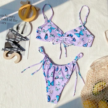 Bandeau push up maudymosi kostiumėlį 2021 Drugelis spausdinti bikini rinkinys Sexy string mažas juosmens maudymosi kostiumėliai moterims, Brazilijos maudymosi kostiumas, Paplūdimio drabužiai