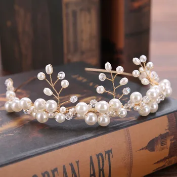 Baroko aukso perlas gėlių nuotakos hairband rankų darbo tiara lankelis kristalų diadem hairband karūna vestuvių plaukų aksesuarai, Papuošalai
