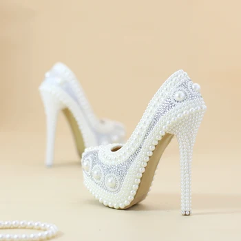 Batai vestuvių balta Perlų, suapvalinti tne vakarinę suknelę vestuvių batai nuotaka aukštakulniai platformos vandeniui festivalio dovana žmona, dukra
