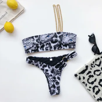 Be-X Leopard spausdinti maudymosi kostiumėlis moterims Seksualus metalo grandinės bikini 2020 vieną petį maudymosi kostiumėliai moterims, nereguliarus maudymosi kostiumėlis 2 dalių kostiumą