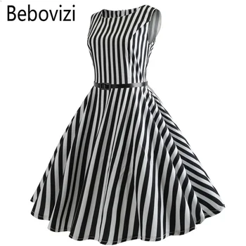 Bebovizi Juoda Balta Zebras Stripes Audrey Hepburn Moterų Suknelė Office Atsitiktinis Derliaus-Line Mergaičių Suknelės, Šaliai, Vestidos Drabužiai