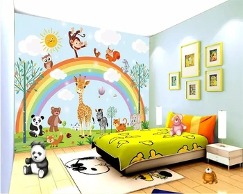 Beibehang Sienų tapetai ranka pieštas animacinių filmų gyvūnų vaivorykštės vaikų kambario foną sienų, baldų dekoravimas 3d tapetai