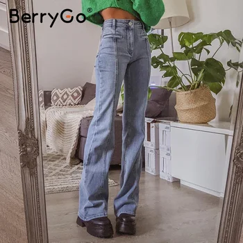 BerryGo Mados mėlynos spalvos siūlėmis džinsinio audinio kelnės Pavasario Aukšto juosmens star modelis visas rungtynes, kelnės gatvės stiliaus moteriški džinsai naujas