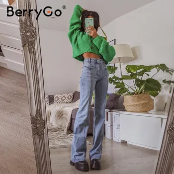 BerryGo Mados mėlynos spalvos siūlėmis džinsinio audinio kelnės Pavasario Aukšto juosmens star modelis visas rungtynes, kelnės gatvės stiliaus moteriški džinsai naujas