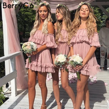 BerryGo moterų suknelė Elegantiškas pynimas off peties vasaros suknelės Spageti dirželis šifono suknelė atostogų moterų rožinės spalvos trumpas sundress