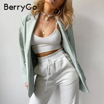 BerryGo Mygtuką pearl žalsvas kostiumas, švarkas moterims, Elegantiška biuro ponios švarkas chalatą ilgomis rankovėmis kišenėje rudenį, žiemą švarkas 2020 m.