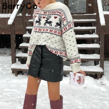 BerryGo O-kaklo, ilgomis rankovėmis kalėdų megztiniai moterims, Elegantiškos ponios viršų megztinis Rudenį, žiemą elniai spausdinti moterų megzti megztinis