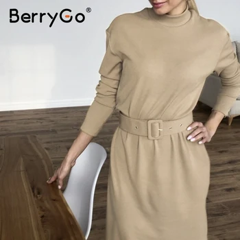 BerryGo Tiesiai moterų kietas, šiltas Megzti suknelė ilgomis rankovėmis midi suknelė rudenį Prašmatnus streetwear kietas diržas ponios darbo suknelė 2020 m.