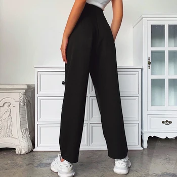 Beyouare Juodos Tiesios Kelnės Moterims, Elegantiška Biuro Lady Derliaus Prarasti Ilgos Kelnės Aukštu Juosmeniu Pantalon Moterų Streetwear Kelnės