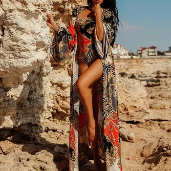 Bikinx Kaftan saida de paplūdimio suknelė Dryžuota danga-ups, sarongas megztinis moterims Seksualus spausdinti chalatas de plage Vasaros paplūdimio cover up 2019