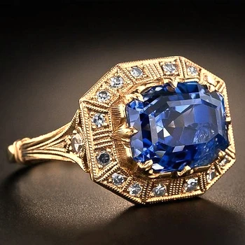 Blue Topazas Princesė Deimantas Žiedas su 18K Yellow Gold Spalvos Vestuvinis Žiedas Moterims, Dovana, Papuošalai, Žiedas