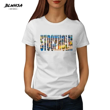 BLWHSA Naujas Stokholmo Spausdinti Marškinėliai Moterims Švedijos Miesto Stokholmo Mados Medvilnės Juokinga Marškinėlius Vasaros Cool Moterų marškinėliai