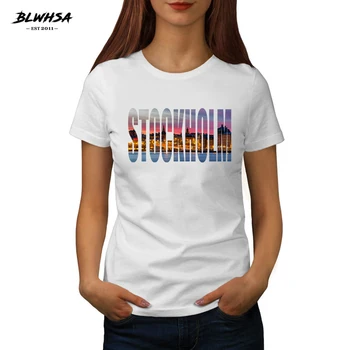 BLWHSA Naujas Stokholmo Spausdinti Marškinėliai Moterims Švedijos Miesto Stokholmo Mados Medvilnės Juokinga Marškinėlius Vasaros Cool Moterų marškinėliai