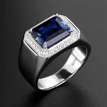 BOCAI Naujas Dirbtinis mėlynas korundas safyras vyrų žiedo deimantu balto aukso chromu padengtas titano plieno vyrų žiedo dydis reguliuojamas
