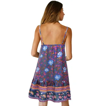 Bohemijos moterų paplūdimio suknelė, Diržas laisvas seksualus vasaros suknelė trumpas Backless atostogų mados gėlių spausdinti atsitiktinis suknelė