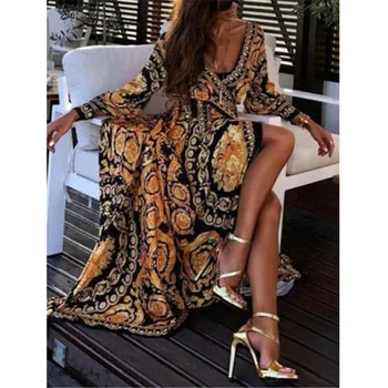Bohemijos Retro Gėlių Spausdinti Vasaros Suknelės Moterims Aukso Spalvos Ilgomis Rankovėmis V-Kaklo Maxi Suknelė Moterų Paplūdimio Atostogų Klubo Suknelės