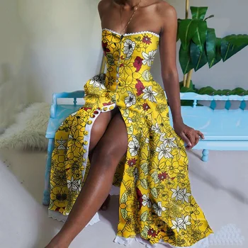 Boho Vasaros Geltonos Spalvos Gėlių Spausdinti Suknelė Stebėjimo Seksualus Paplūdimio Havajai Padalinta Ilgai Linijos, Chalatas, Naujas Mados 2021 Femme Vestiods