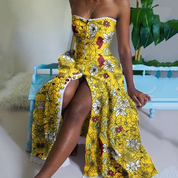 Boho Vasaros Geltonos Spalvos Gėlių Spausdinti Suknelė Stebėjimo Seksualus Paplūdimio Havajai Padalinta Ilgai Linijos, Chalatas, Naujas Mados 2021 Femme Vestiods