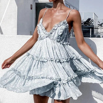Boho vasaros Gėlių spausdinti pynimas Spageti-line suknelė Moterims seksualus Pynimas v-kaklo mini suknelė atostogų Paplūdimio suknelės vestidos