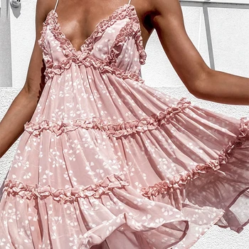 Boho vasaros Gėlių spausdinti pynimas Spageti-line suknelė Moterims seksualus Pynimas v-kaklo mini suknelė atostogų Paplūdimio suknelės vestidos