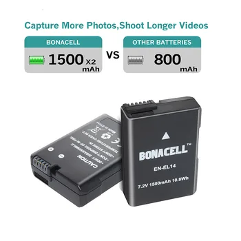 Bonacell 2vnt EN-EL14 LT EL14 Li-ion Baterijos Bateria + LCD USB Kroviklis skirtas Nikon D3100 D3200 D3300 D5100 D5200 L50