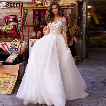 Booma 2020 Elegantiškas Nėrinių Appliques Paplūdimys Vestuvių Suknelės su ilgomis Rankovėmis Derliaus Blizgiu Tiulio Boho Princesė Vestuvių Suknelės, Šaliai
