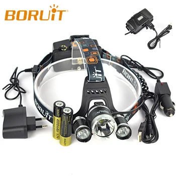 Boruit RJ-5000 5000 Lm 3 Cree XM-L2 4Modes LED Žibintai priekinių Žibintų Kempingas Medžioklės Vadovas Lempa +2*18650 Baterija + Automobilinis USB Įkroviklis