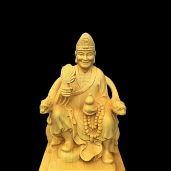 Boxwood 10cm Ji Gong Skulptūra Crazy Vienuolis Medžio Drožyba Sėdi Buda Statusą Feng Shui Namų Dekoro