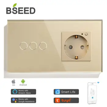BSEED 3 Gauja Smart Touch Šviesos Jungiklis Su ES elektros Lizdą Balta Juoda Aukso Sienos Jungiklis Jutiklis Crystal Stiklo plokštės Dirbti Su Tuya
