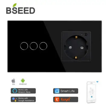 BSEED 3 Gauja Smart Touch Šviesos Jungiklis Su ES elektros Lizdą Balta Juoda Aukso Sienos Jungiklis Jutiklis Crystal Stiklo plokštės Dirbti Su Tuya