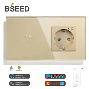 BSEED ES Standarto Wifi Touch Jungiklis 1 Gauja 16A ES kištukinis Lizdas Su 3 Spalvų Kristalų, Stiklo Panelė Smart Switch