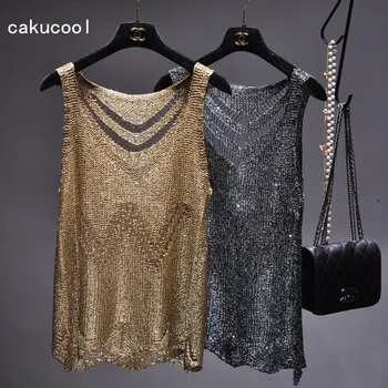 Cakucool naujas Aukso Lurex megzti Vasaros drabužių Tuščiaviduriai iš Skylės Seksualus Bako Viršuje camis Bling Pagrindinio Camisole Vintage drabužiai moterims
