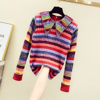Cakucool Naujas Rainbow Spalvingas Džemperis Moterims Pasukite Žemyn Apykaklės Pearl Duobute Megztiniai Kilimo Ir Tūpimo Tako Projektavimo Ploni Megztiniai Megztinis Femme