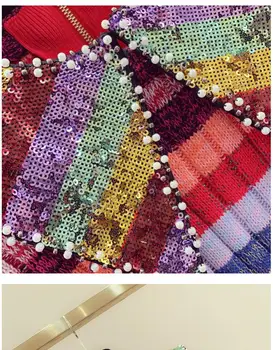 Cakucool Naujas Rainbow Spalvingas Džemperis Moterims Pasukite Žemyn Apykaklės Pearl Duobute Megztiniai Kilimo Ir Tūpimo Tako Projektavimo Ploni Megztiniai Megztinis Femme