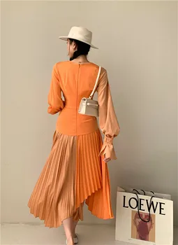 CHEERART Orange Ilgai Plisuotos Suknelė 2021 Blyksnius Rankovėmis V-Kaklo Wrap ilgomis Rankovėmis Tunika Nėrinių Ponios Suknelė Mados Desinger