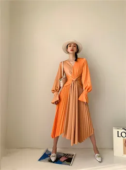 CHEERART Orange Ilgai Plisuotos Suknelė 2021 Blyksnius Rankovėmis V-Kaklo Wrap ilgomis Rankovėmis Tunika Nėrinių Ponios Suknelė Mados Desinger
