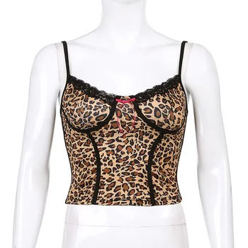 Cheetah Spausdinti Harajuku Y2K Milkmaid Korsetas Pasėlių Viršuje Moterų Nėriniai Seksualus V-kaklo Spageti Dirželis Retro Camisole Vasaros Marškinėliai Iamhotty