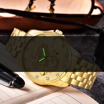 CHENXI Prabangūs Auksiniai Laikrodžiai Kinų Drakonas Patern 30M atsparus Vandeniui Nerūdijančio Plieno Atsitiktinis Aukso Vyrų Suknelė Laikrodžiai Dovanų Laikrodis