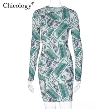 Chicology Dolerio Spausdinimo Y2K Mados Mini Suknelė ilgomis Rankovėmis Bodycon Seksualus Klubas Komplektai Moterų 2020 M. Žiemą, Rudenį Drabužius, Derliaus Šalis